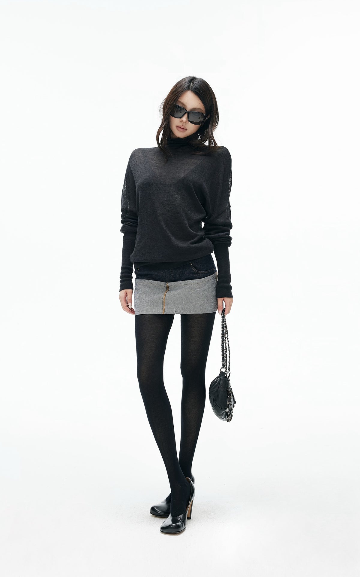 IAMXIAA Sheer Dolman Sleeve Turtleneck Knit Top