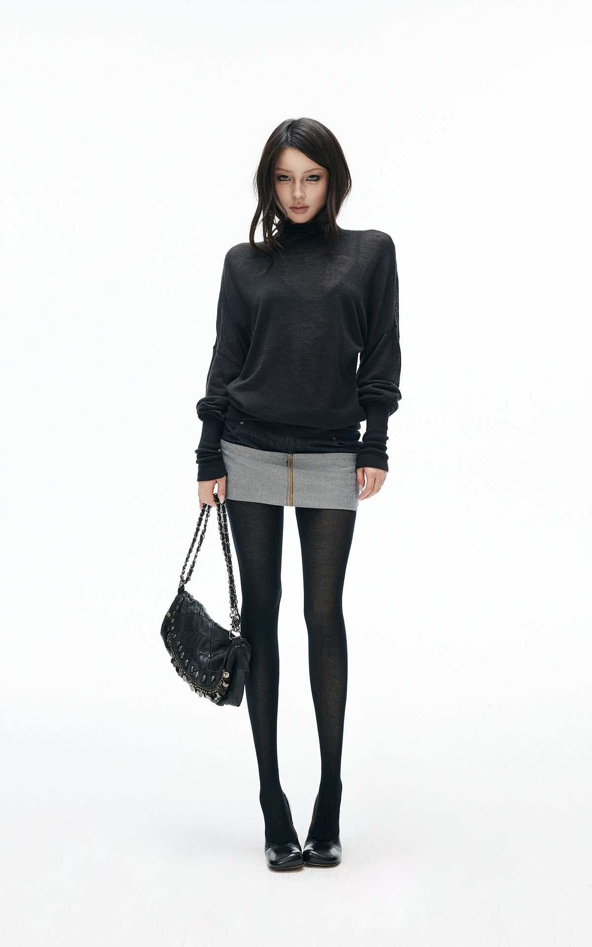 IAMXIAA Sheer Dolman Sleeve Turtleneck Knit Top