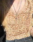 Rase le sol Leopard V-Neck Knit Base Layer Top
