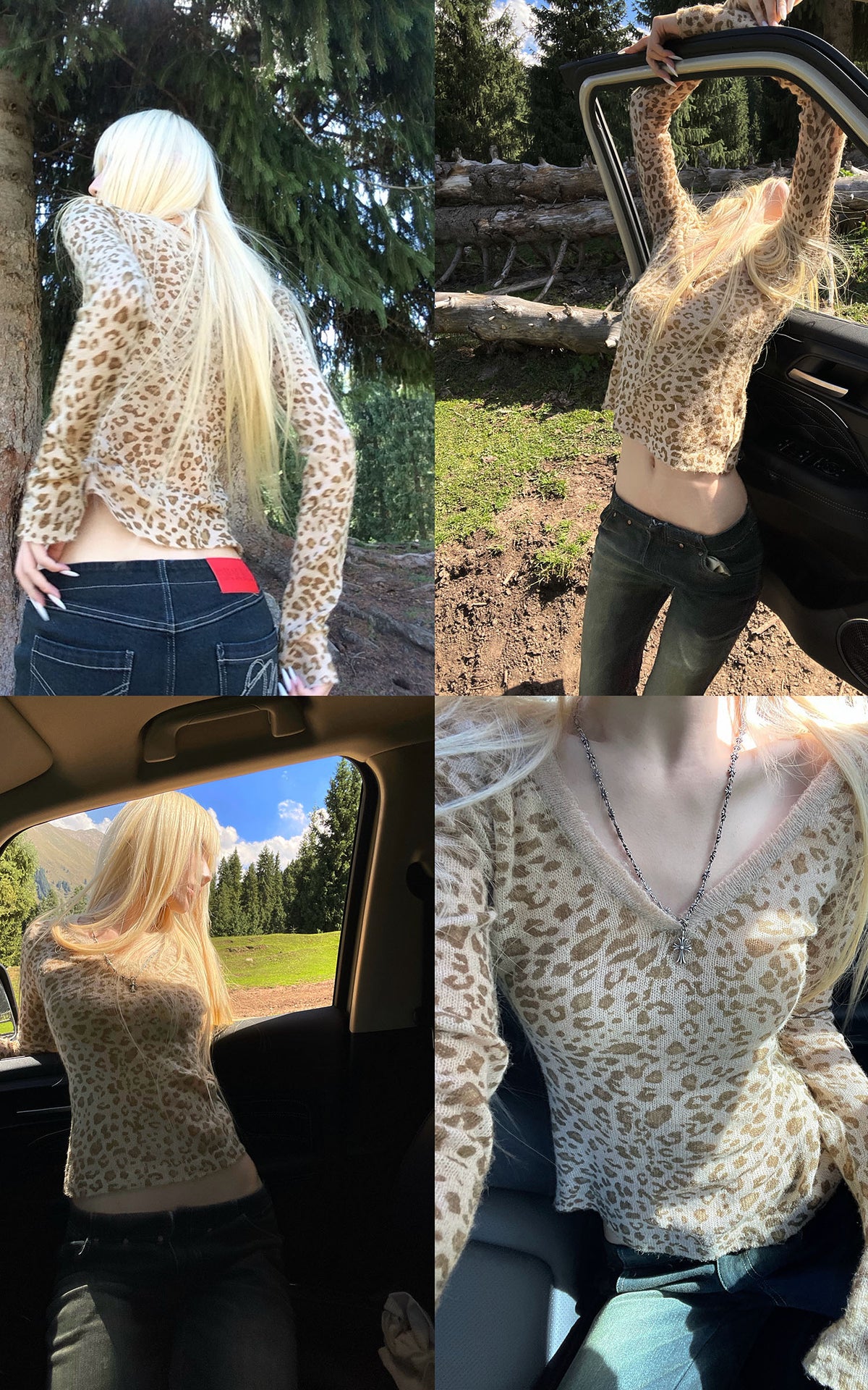 Rase le sol Leopard V-Neck Knit Base Layer Top