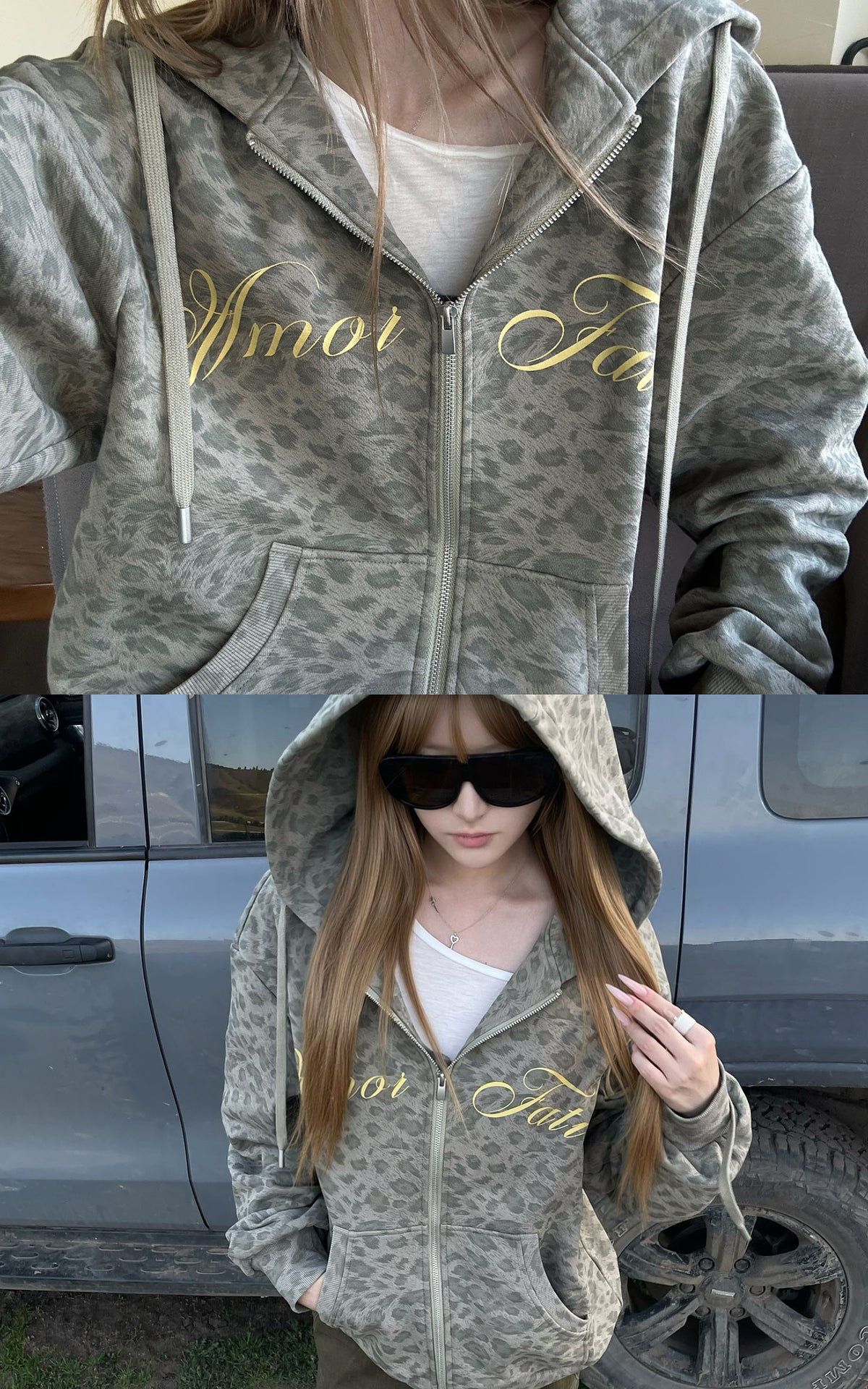 Rase le sol Amor Fati Leopard Zip-Up Hoodie