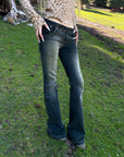 Rase le sol Faded Flared Denim Pants with Copper-Tone Rivets & Embroidered Back Pockets