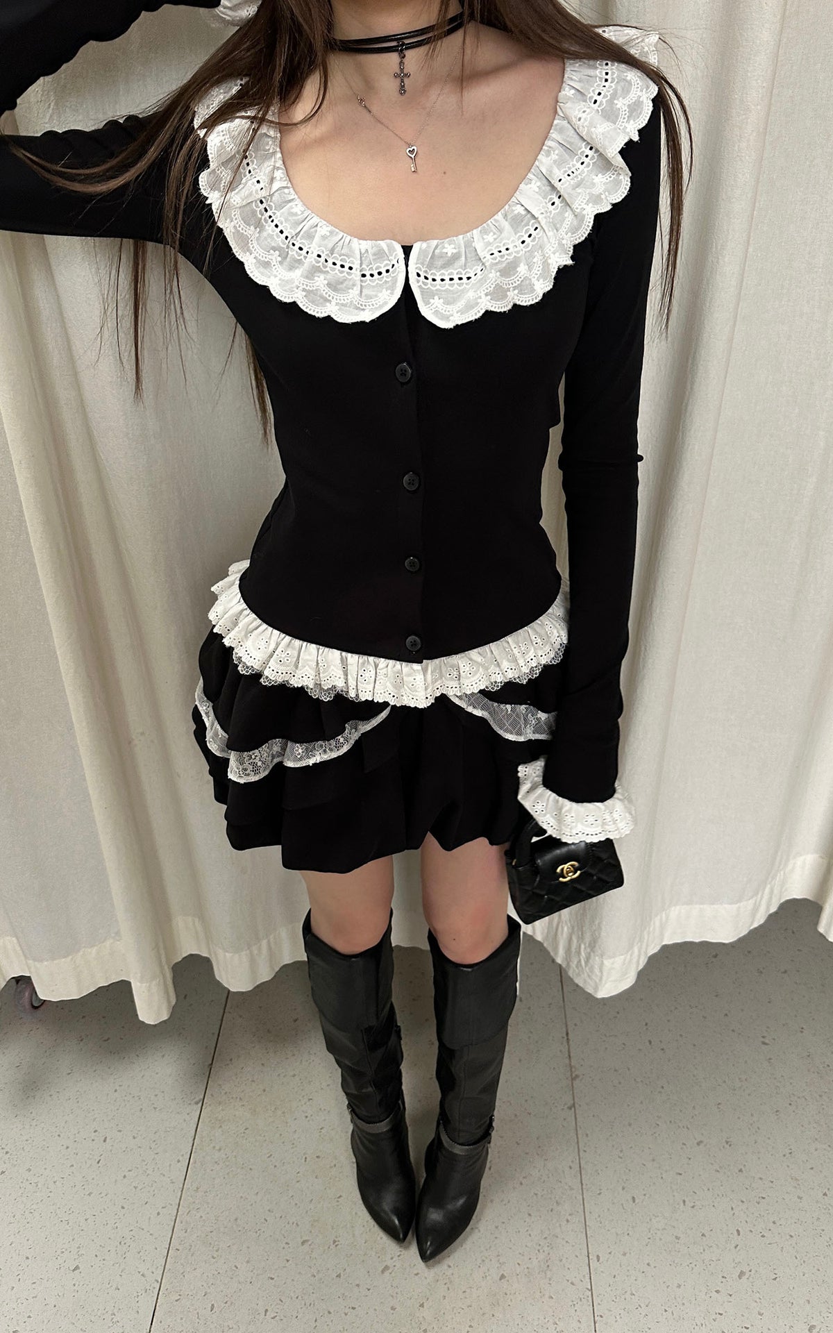Rase le sol Romantic Lace Ruffle Long Sleeve Top &amp; Layered Mini Skirt Set