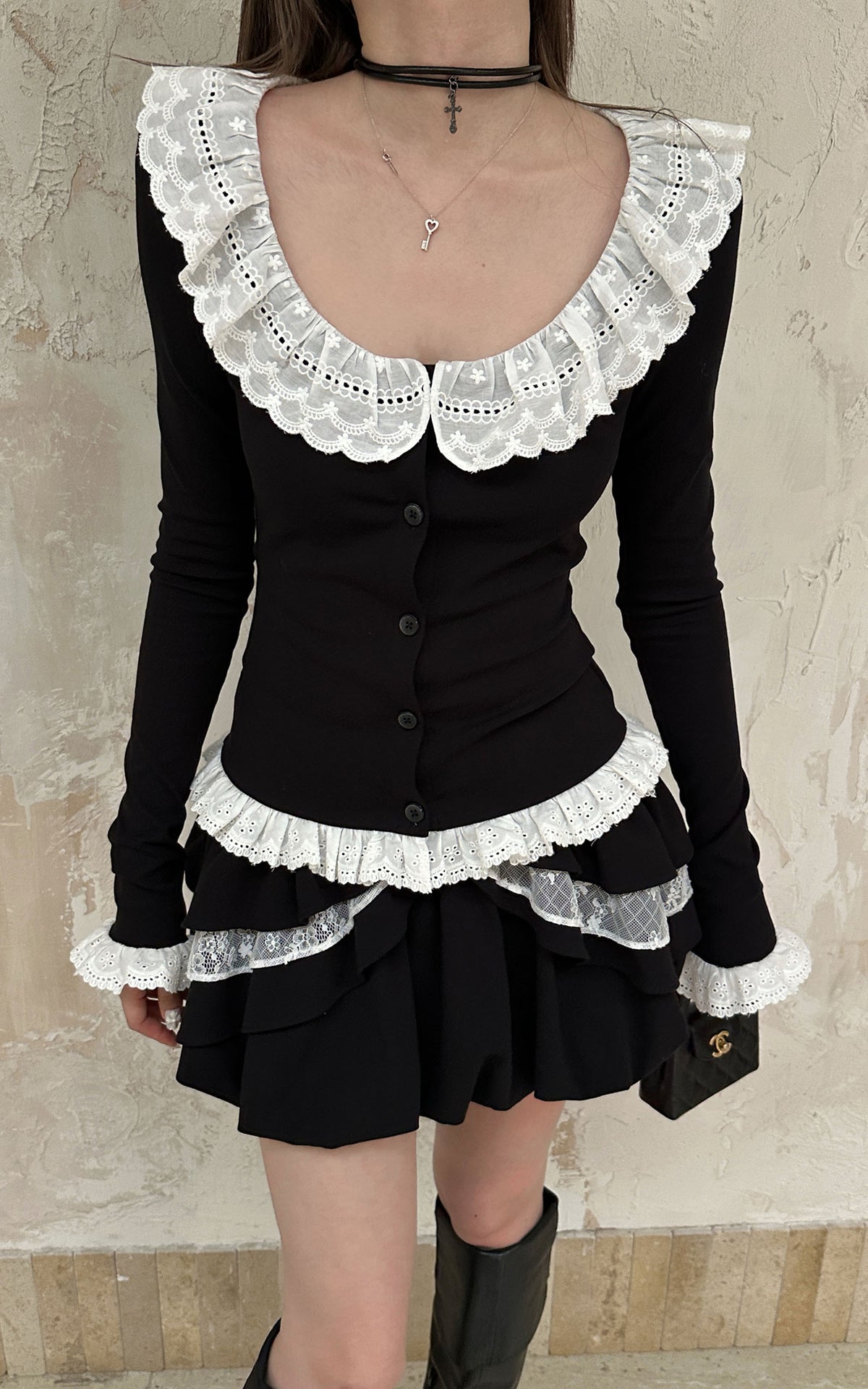 Rase le sol Romantic Lace Ruffle Long Sleeve Top &amp; Layered Mini Skirt Set
