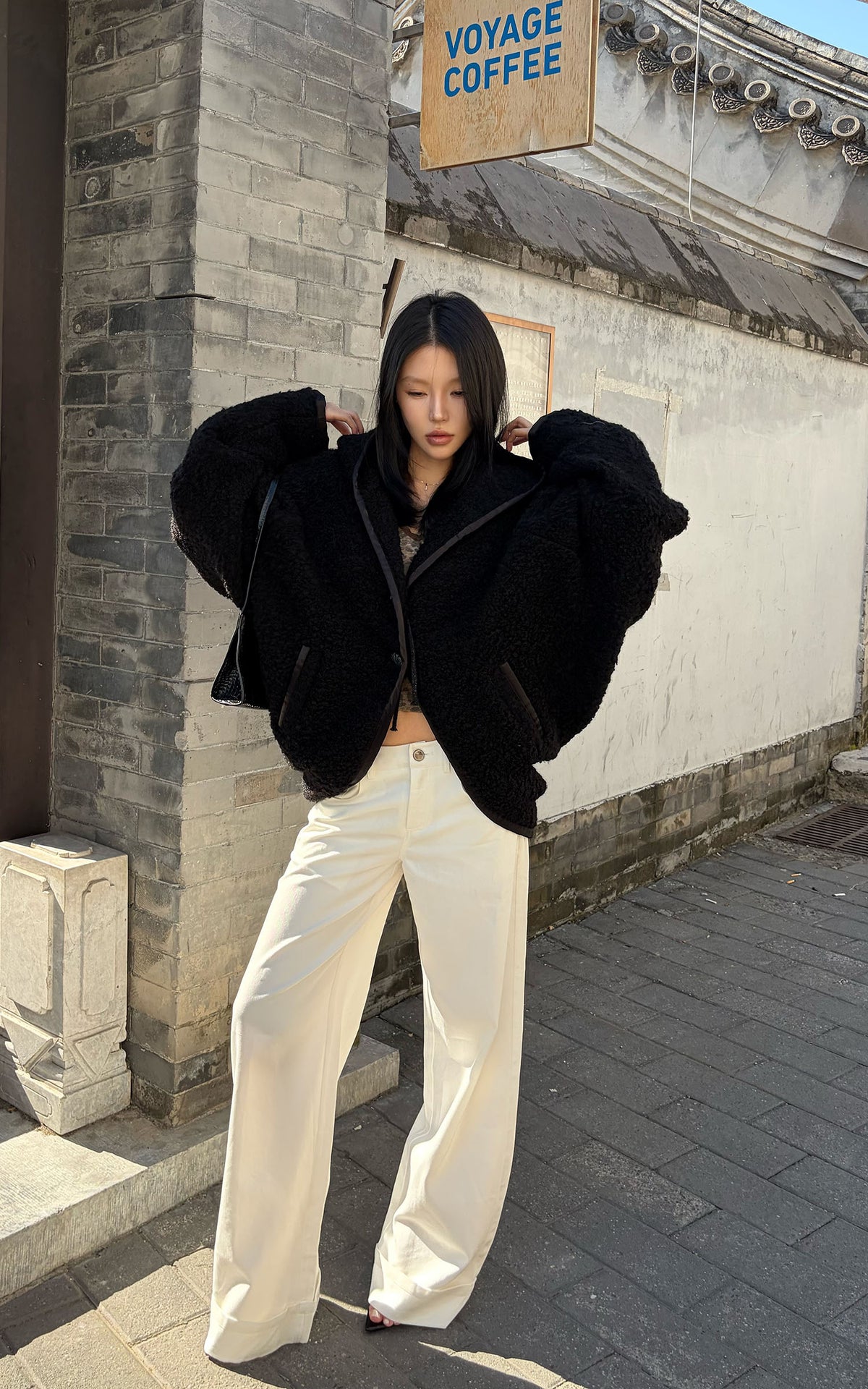 Hydrae Oversized Hooded Teddy Jacket with Curved Hem
