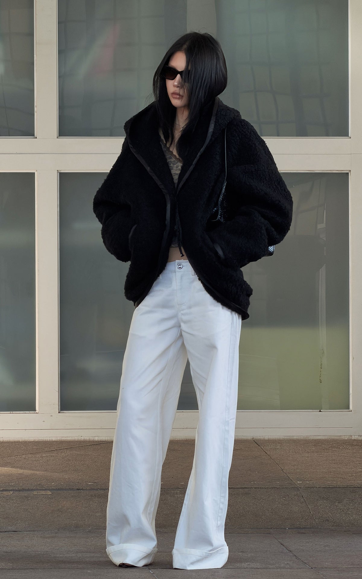 Hydrae Oversized Hooded Teddy Jacket with Curved Hem