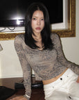 Hydrae Leopard Print Long Sleeve Top With Fitted Silhouette And Lace Trim Details
