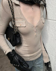 Rase le sol Lace-Trimmed Deep V-Neck Fitted Long Sleeve Top