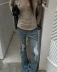 Rase le sol Distressed Low-Rise Flared Denim Pants