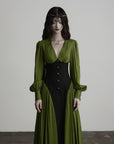 DOINDULGE Robe longue à manches bouffantes, taille corset et col en V