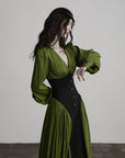 DOINDULGE Robe longue à manches bouffantes, taille corset et col en V