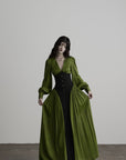 DOINDULGE Robe longue à manches bouffantes, taille corset et col en V