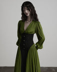 DOINDULGE Robe longue à manches bouffantes, taille corset et col en V