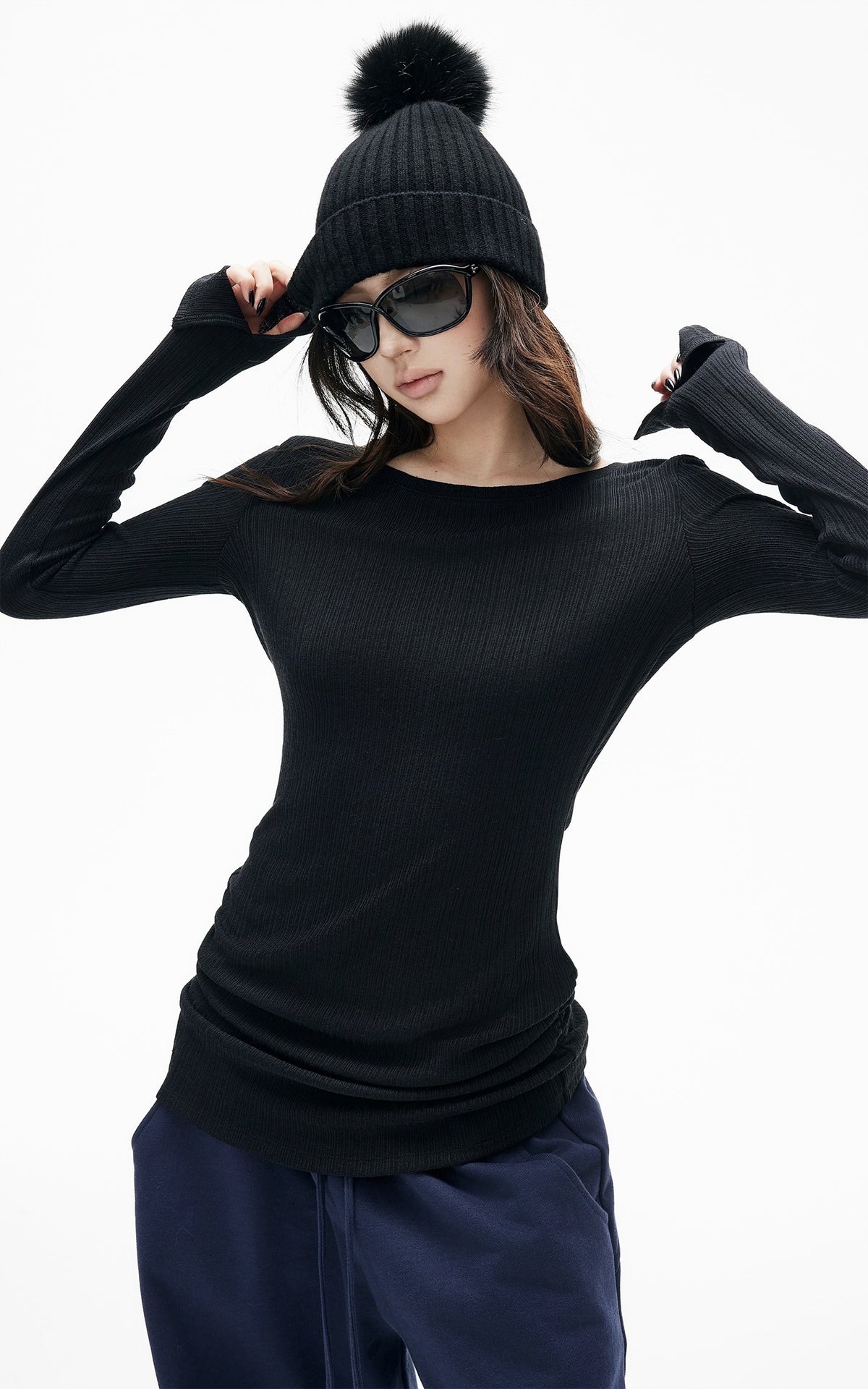 IAMXIAA Ruched Ribbed Longline Slim-Fit Knit Top
