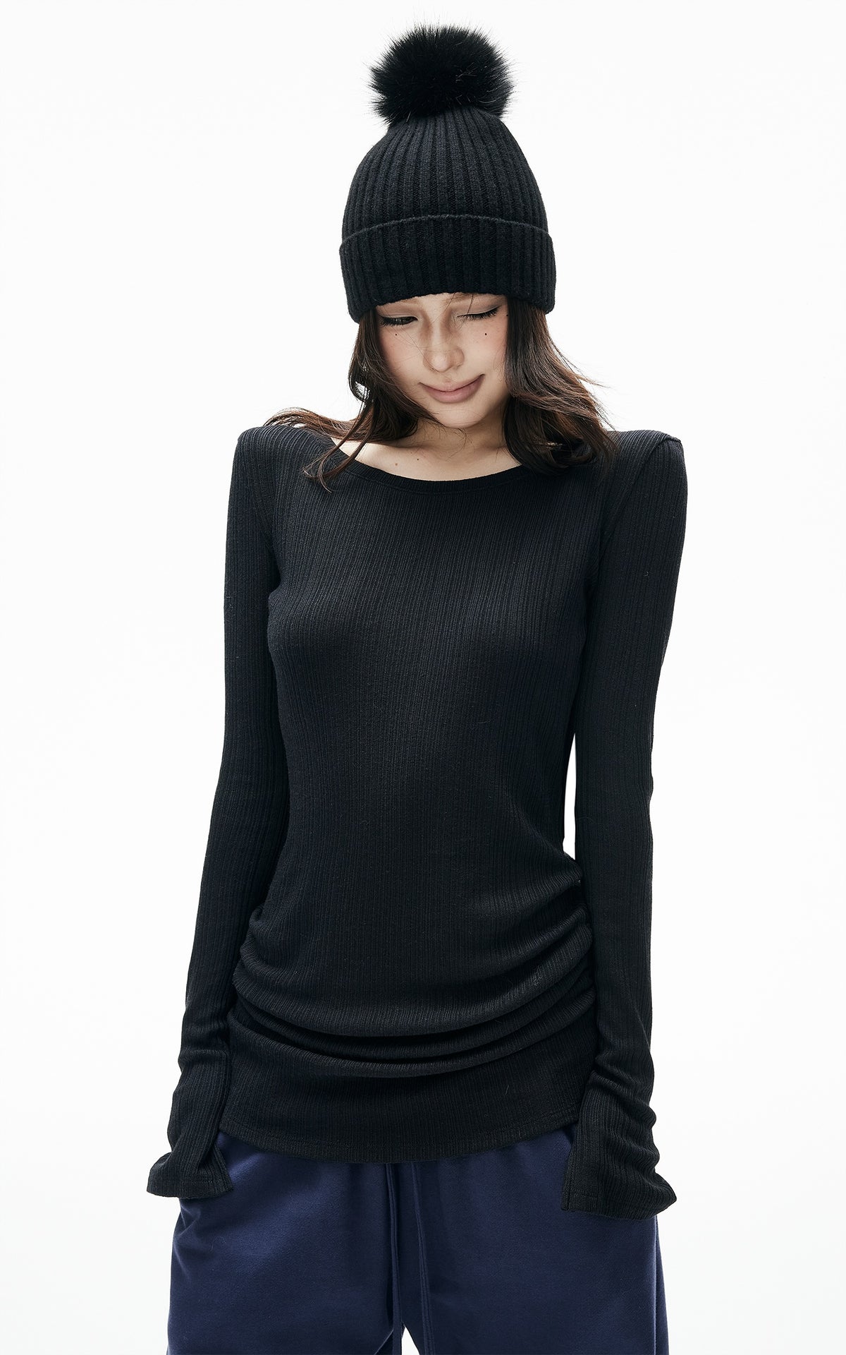 IAMXIAA Ruched Ribbed Longline Slim-Fit Knit Top