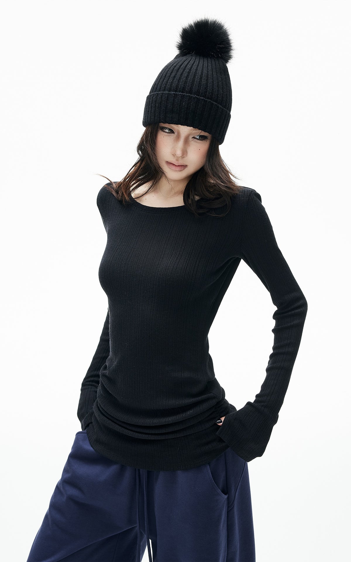 IAMXIAA Ruched Ribbed Longline Slim-Fit Knit Top