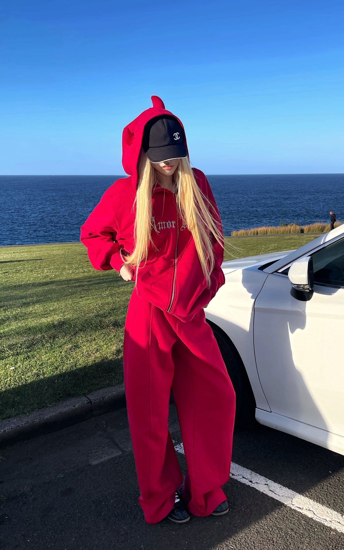 Rase le sol Rhinestone Gothic Zip-Up Hoodie &amp; Wide-Leg Pants Set