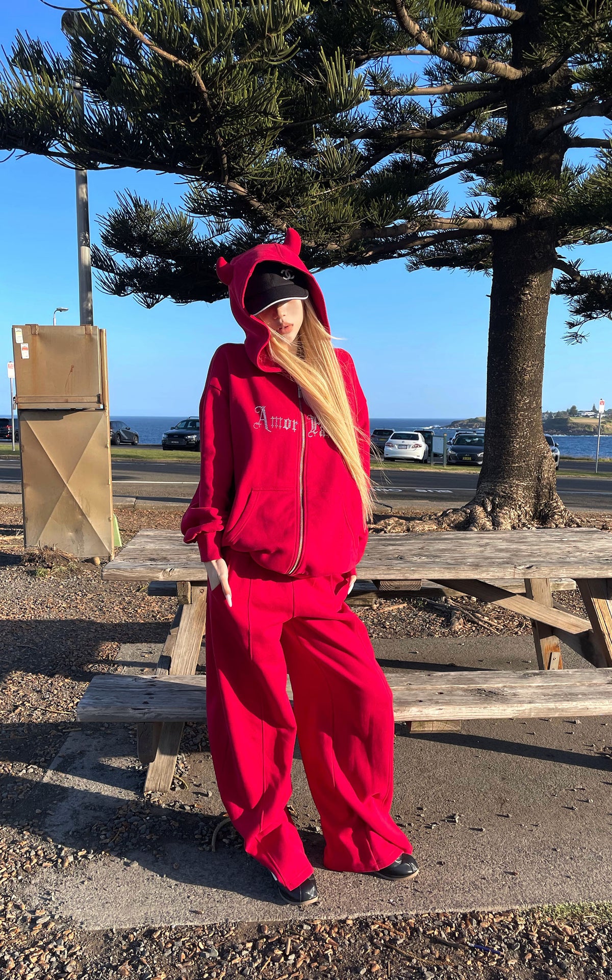 Rase le sol Rhinestone Gothic Zip-Up Hoodie &amp; Wide-Leg Pants Set