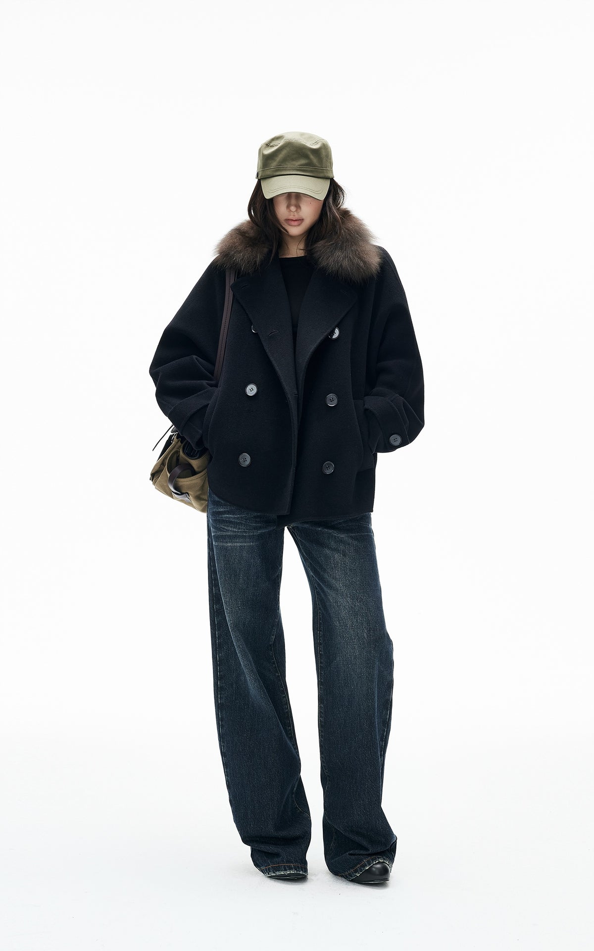 IAMXIAA Fur Collar Oversized Double-Breasted Short Coat