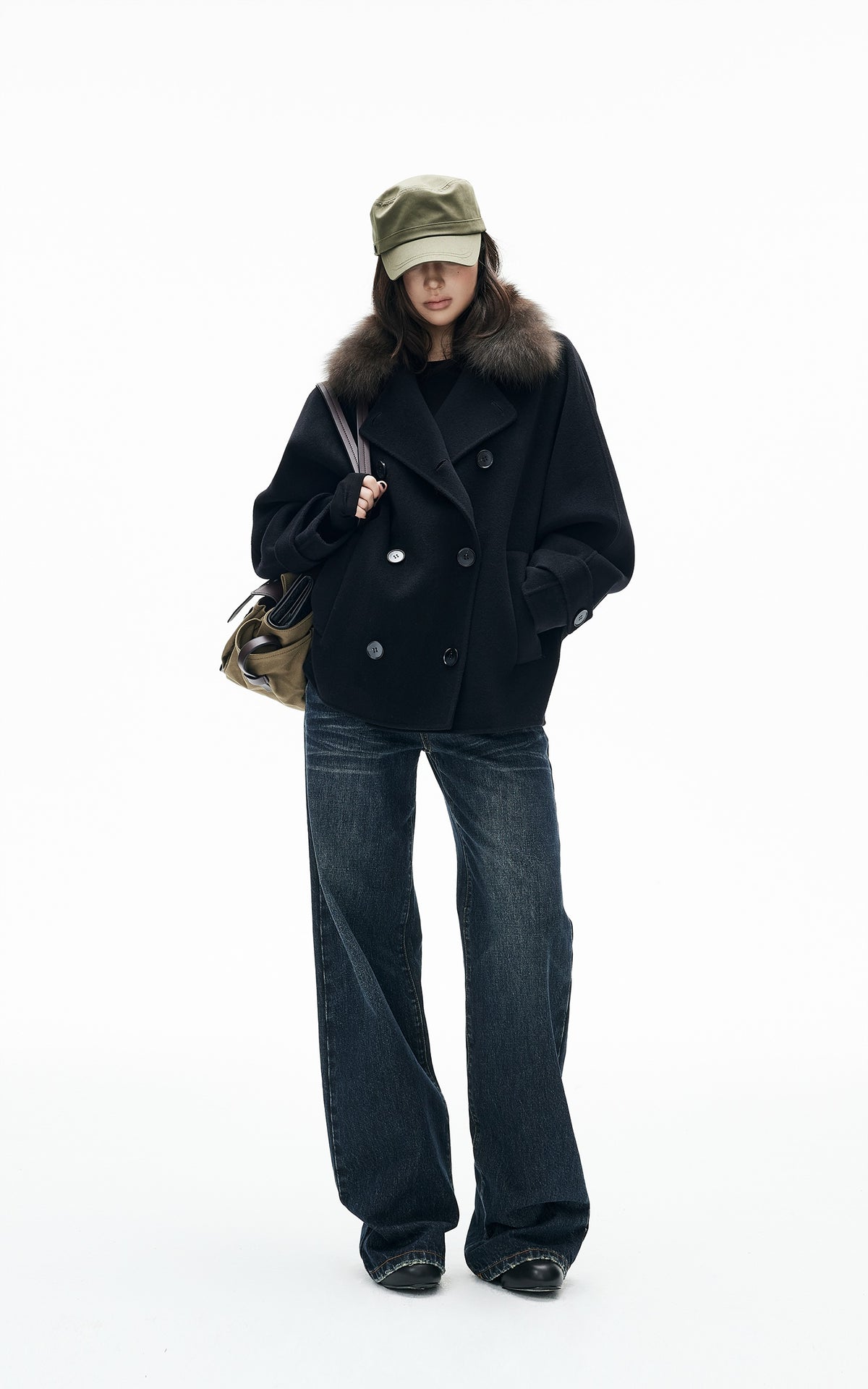 IAMXIAA Fur Collar Oversized Double-Breasted Short Coat