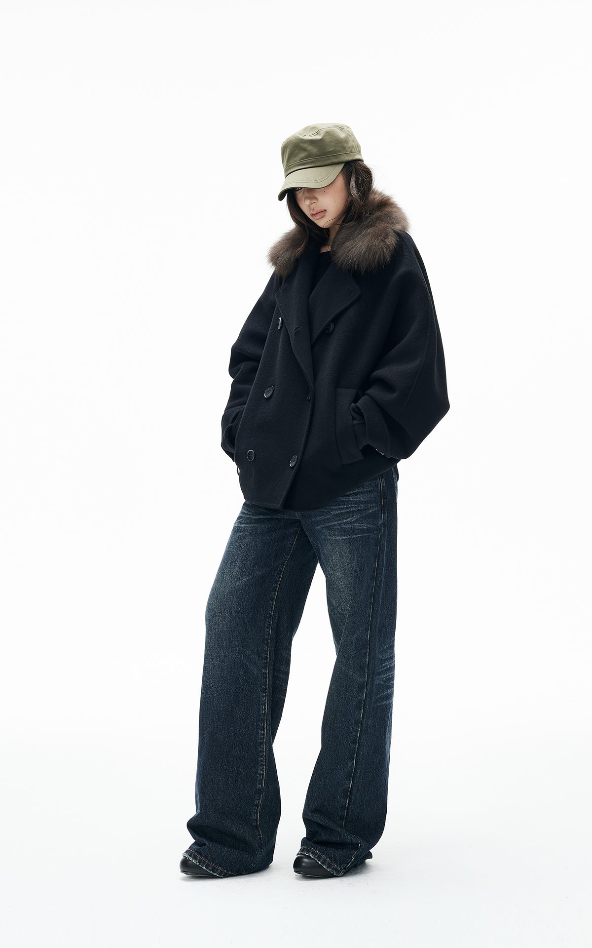 IAMXIAA Fur Collar Oversized Double-Breasted Short Coat