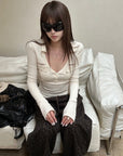 Rase le sol Lace-Trimmed Deep V-Neck Fitted Long Sleeve Top