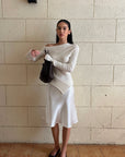 ROVENTE Lace-Trim Satin Fishtail Midi Skirt