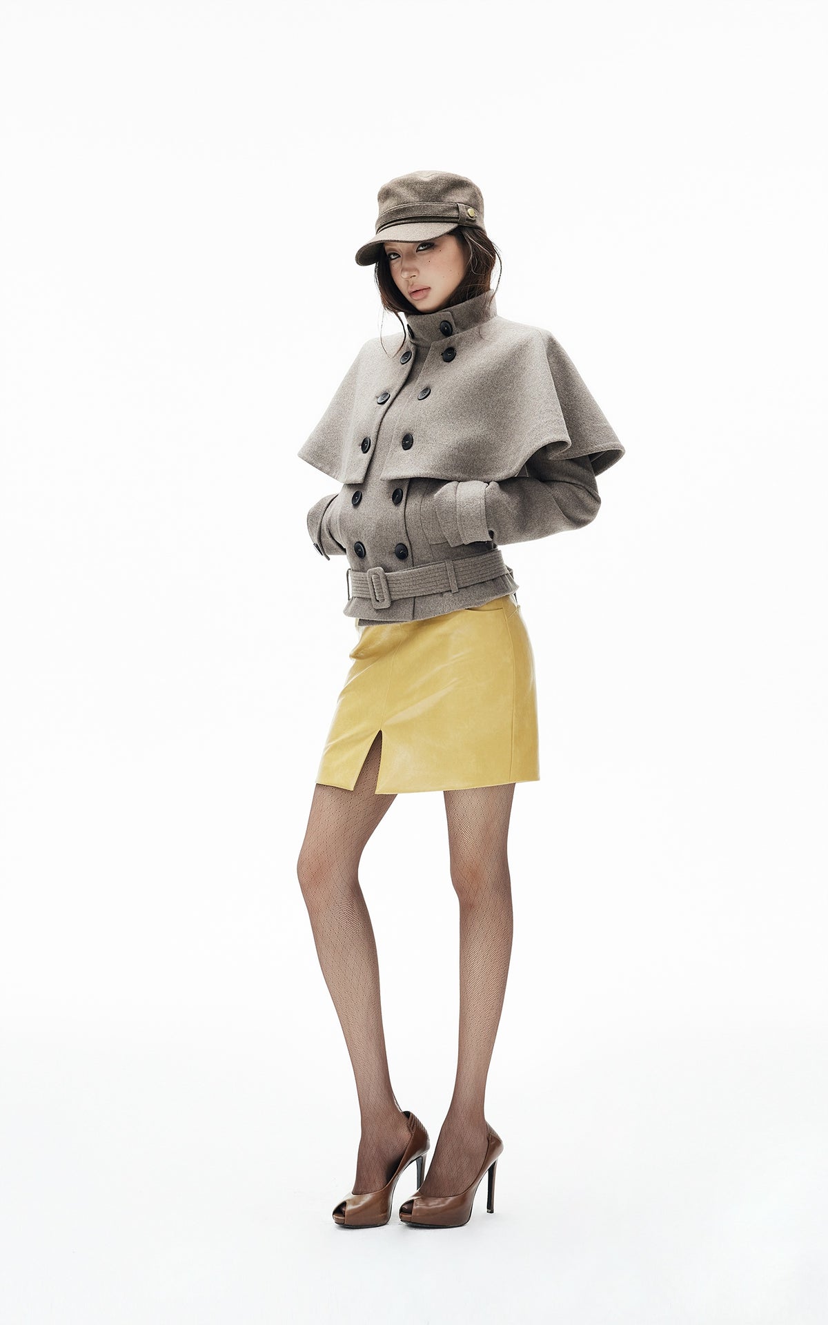 IAMXIAA Detachable Cape Double-Breasted Belted Jacket