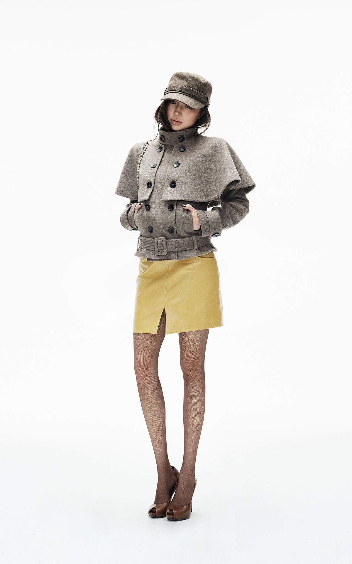 IAMXIAA Detachable Cape Double-Breasted Belted Jacket