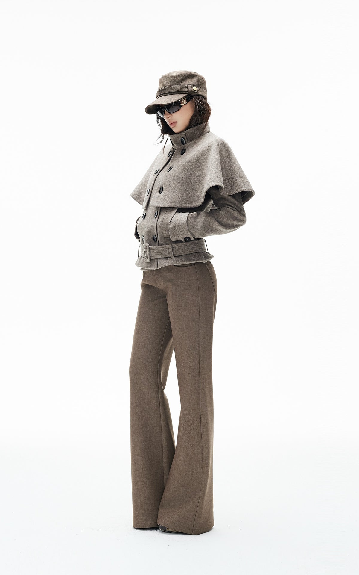 IAMXIAA Detachable Cape Double-Breasted Belted Jacket