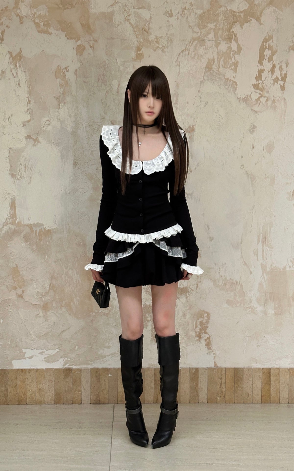 Rase le sol Romantic Lace Ruffle Long Sleeve Top &amp; Layered Mini Skirt Set