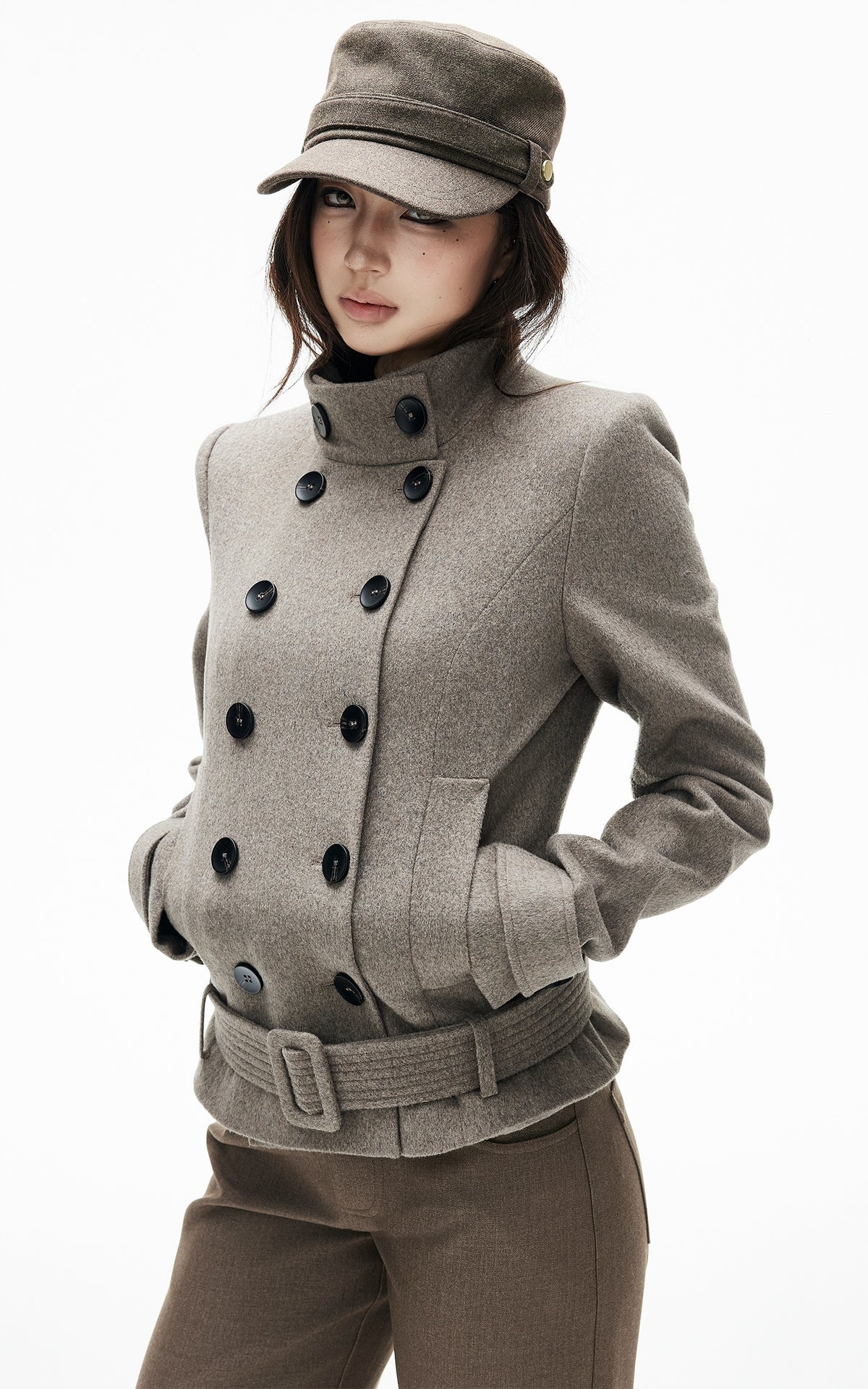 IAMXIAA Detachable Cape Double-Breasted Belted Jacket