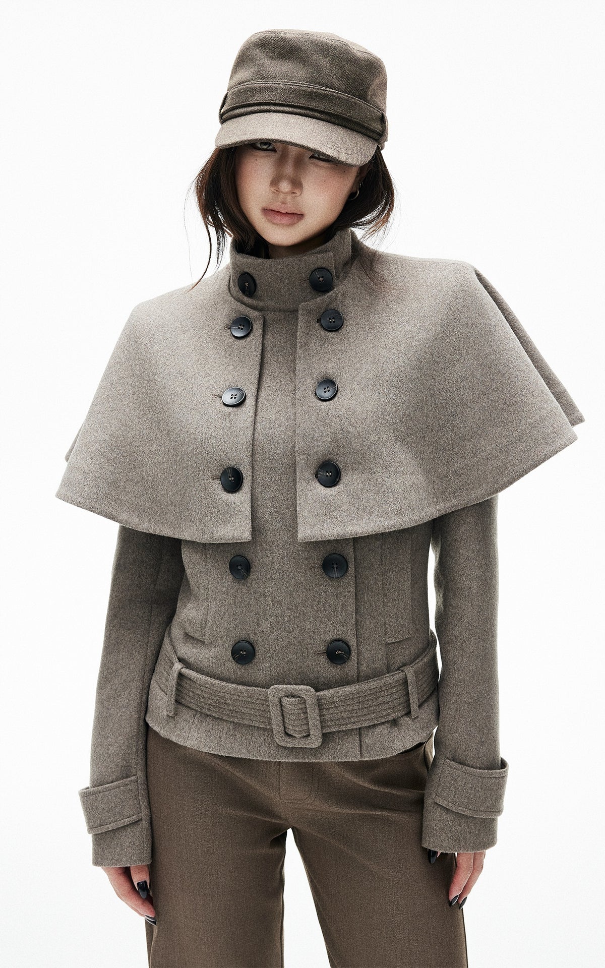 IAMXIAA Detachable Cape Double-Breasted Belted Jacket