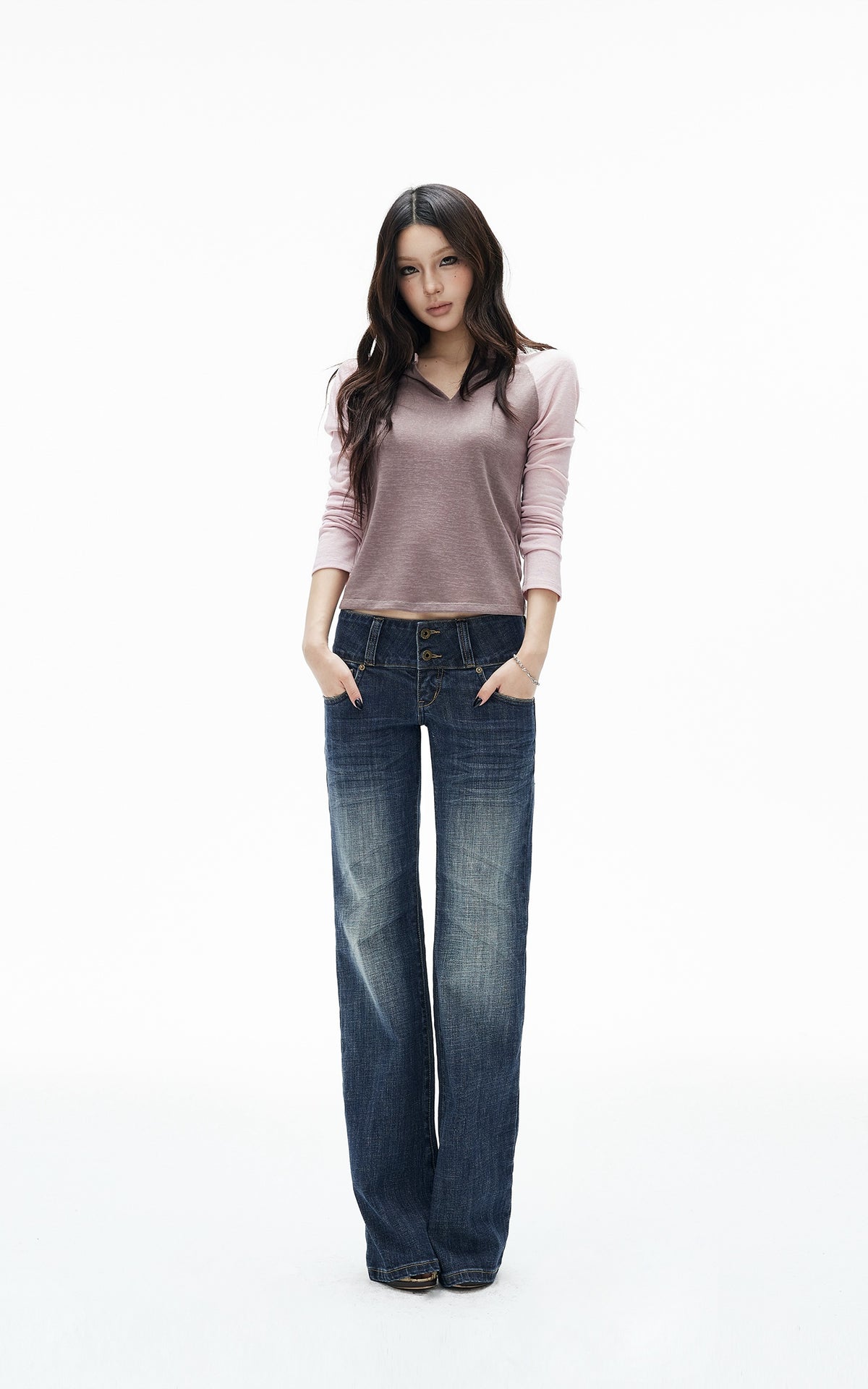 IAMXIAA Colorblock Raglan Sleeve Notch Neck Long Sleeve Top