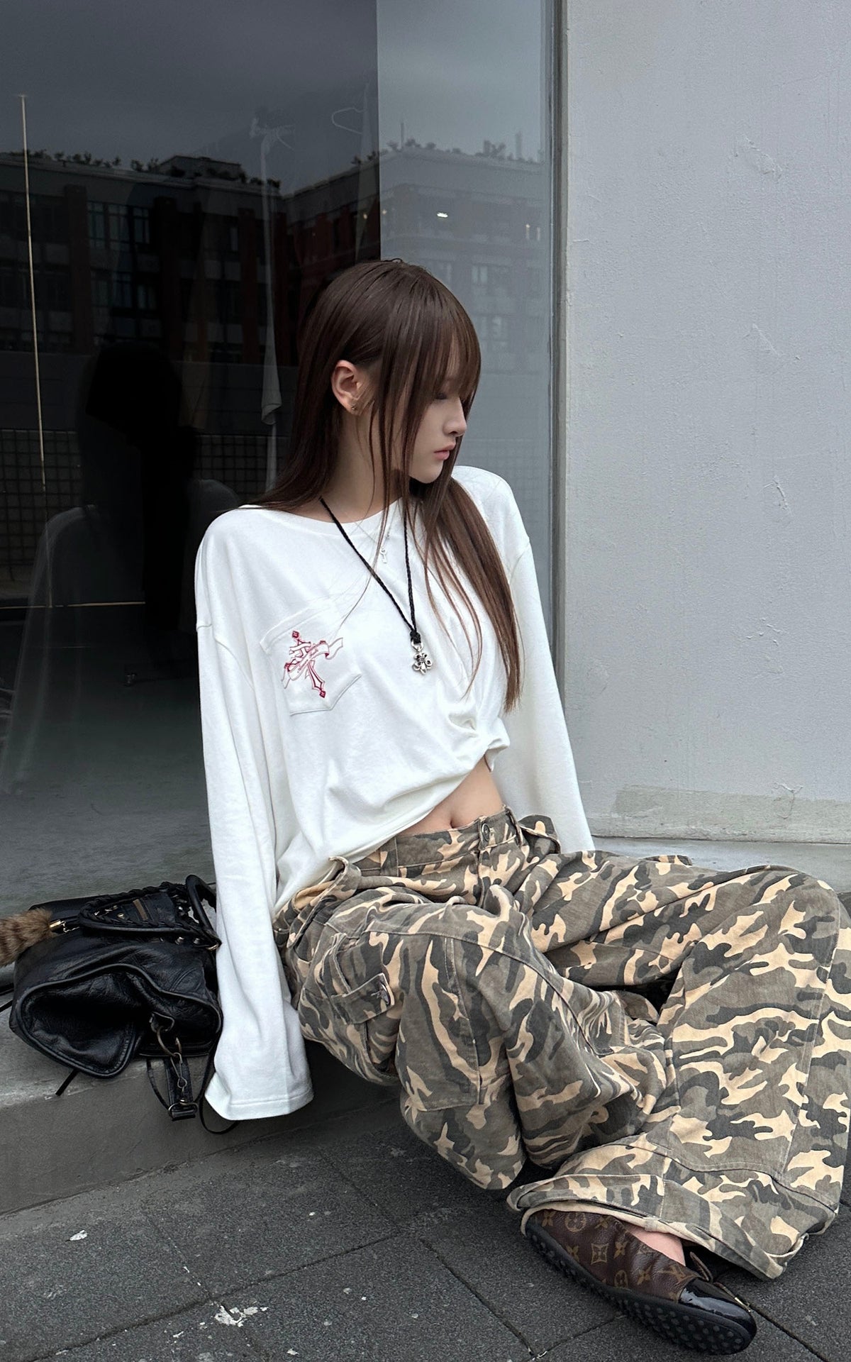 Rase le sol Amor Fati Cross-Embroidered Asymmetric Draped Long Sleeve Top
