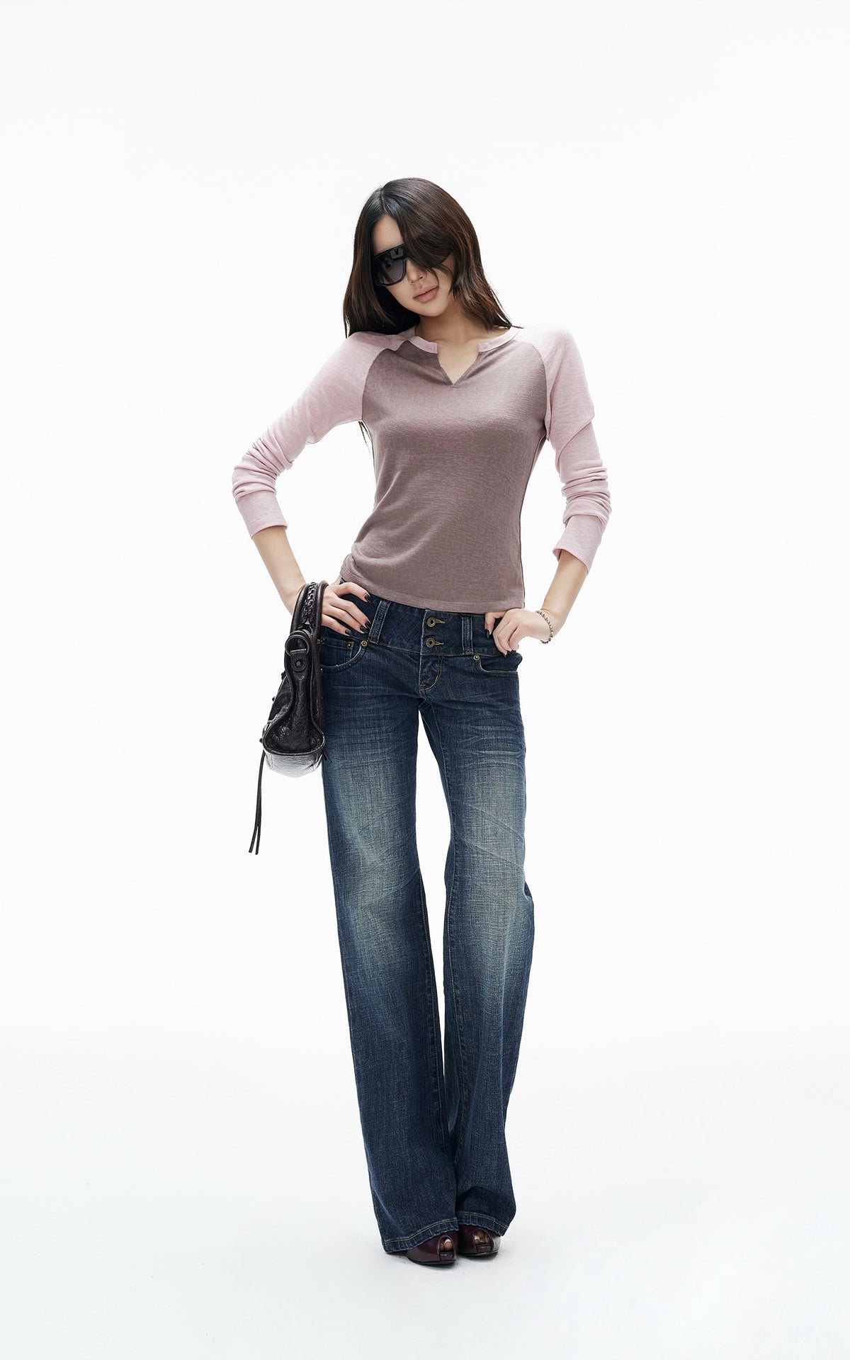 IAMXIAA Colorblock Raglan Sleeve Notch Neck Long Sleeve Top