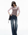 IAMXIAA Colorblock Raglan Sleeve Notch Neck Long Sleeve Top