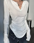 WARDEN EDGE Lace-Trim Hook-and-Eye Extended Sleeve Fitted Henley Top