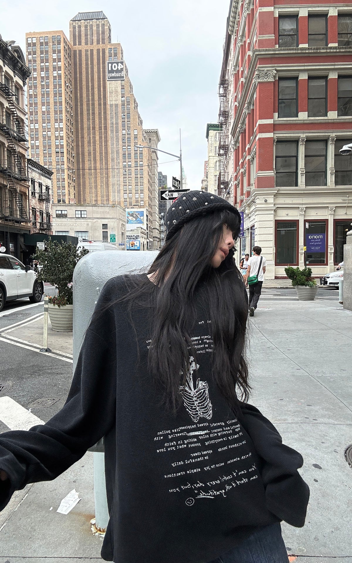 WARDEN EDGE Floral Ribcage Graphic Waffle Knit Long Sleeve Tee