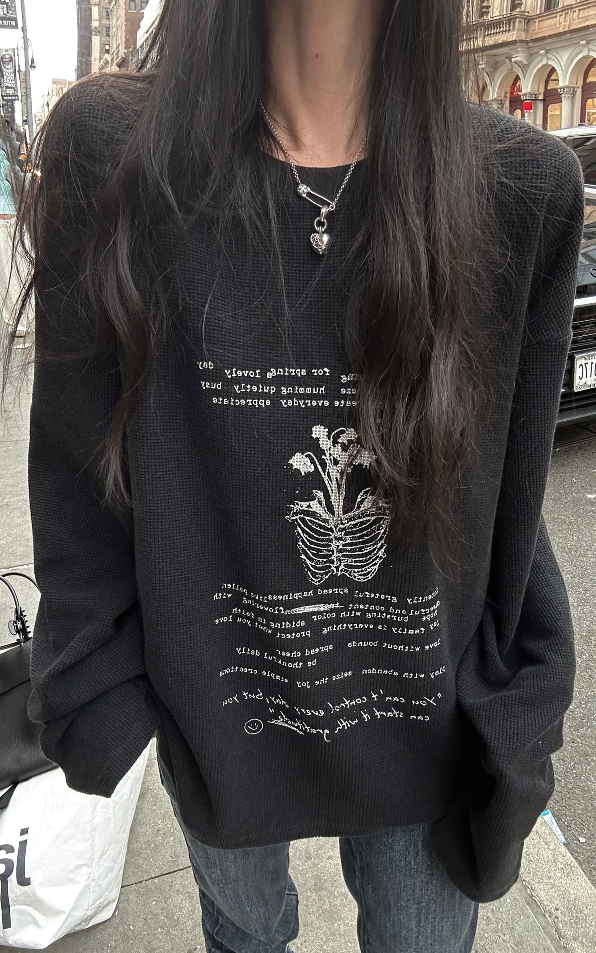 WARDEN EDGE Floral Ribcage Graphic Waffle Knit Long Sleeve Tee
