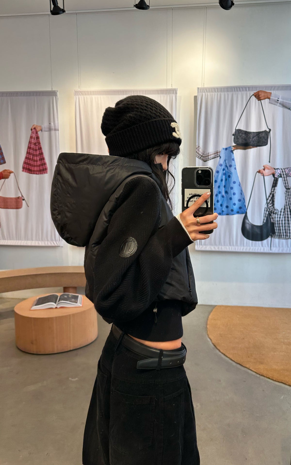 WARDEN EDGE Black Hooded Puffer Jacket with Knit Sleeves