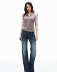 IAMXIAA Colorblock Raglan Sleeve Notch Neck Long Sleeve Top