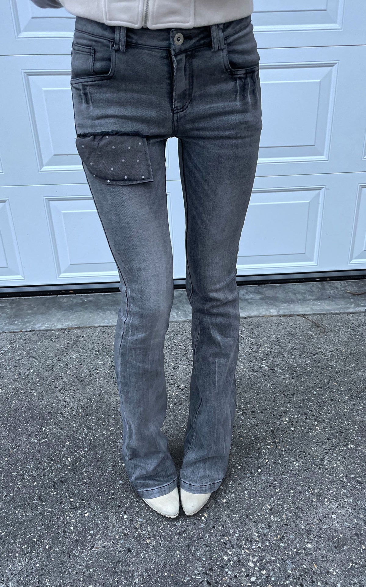 Rase le sol Distressed Patch Flared Denim Pants