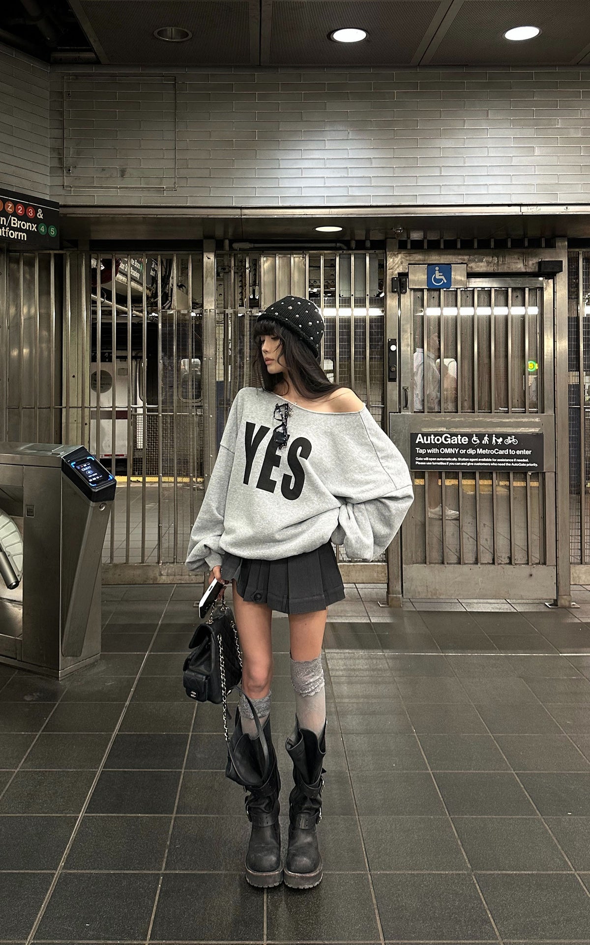 WARDEN EDGE YES Graphic Lace-Up Off-Shoulder Sweatshirt