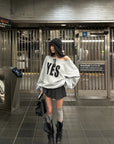 WARDEN EDGE YES Graphic Lace-Up Off-Shoulder Sweatshirt