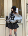 WARDEN EDGE YES Graphic Lace-Up Off-Shoulder Sweatshirt