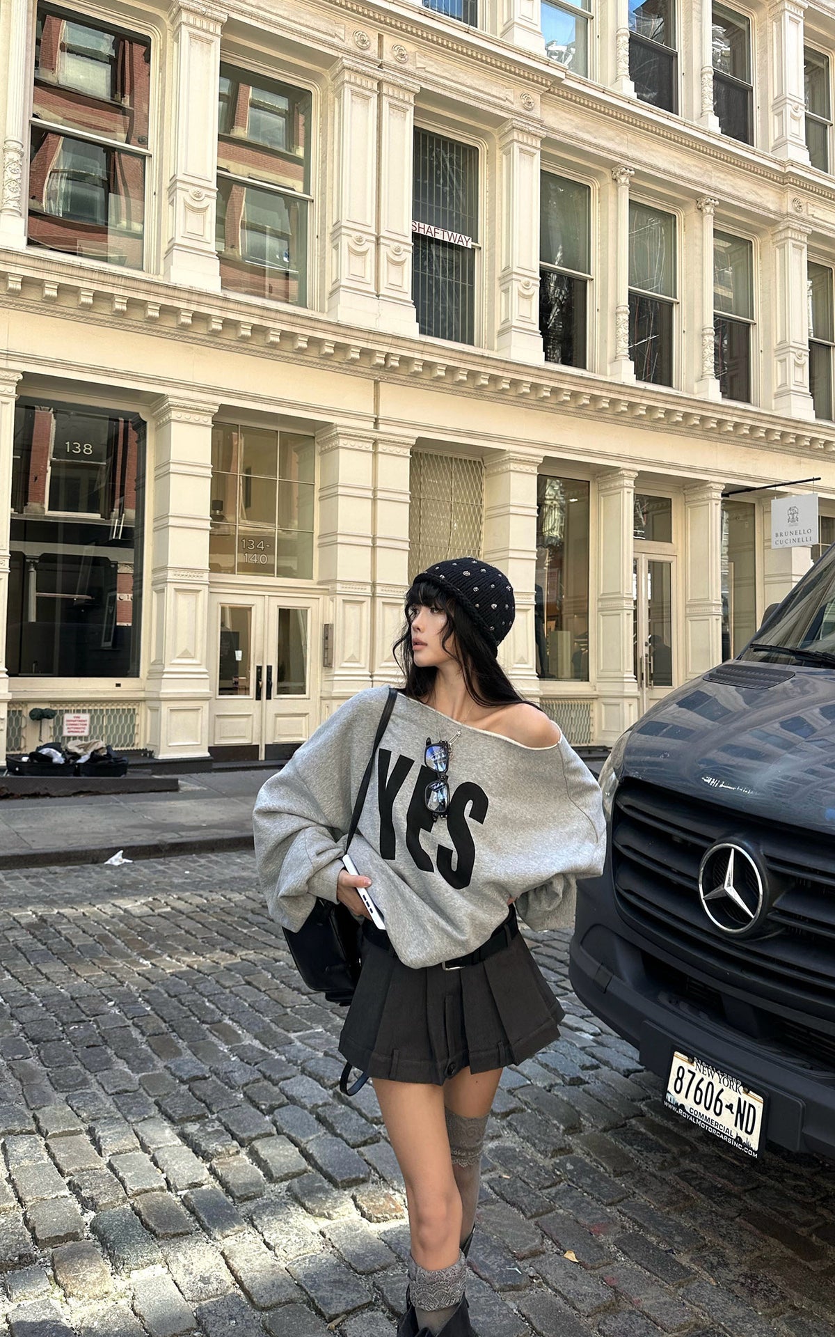 WARDEN EDGE YES Graphic Lace-Up Off-Shoulder Sweatshirt