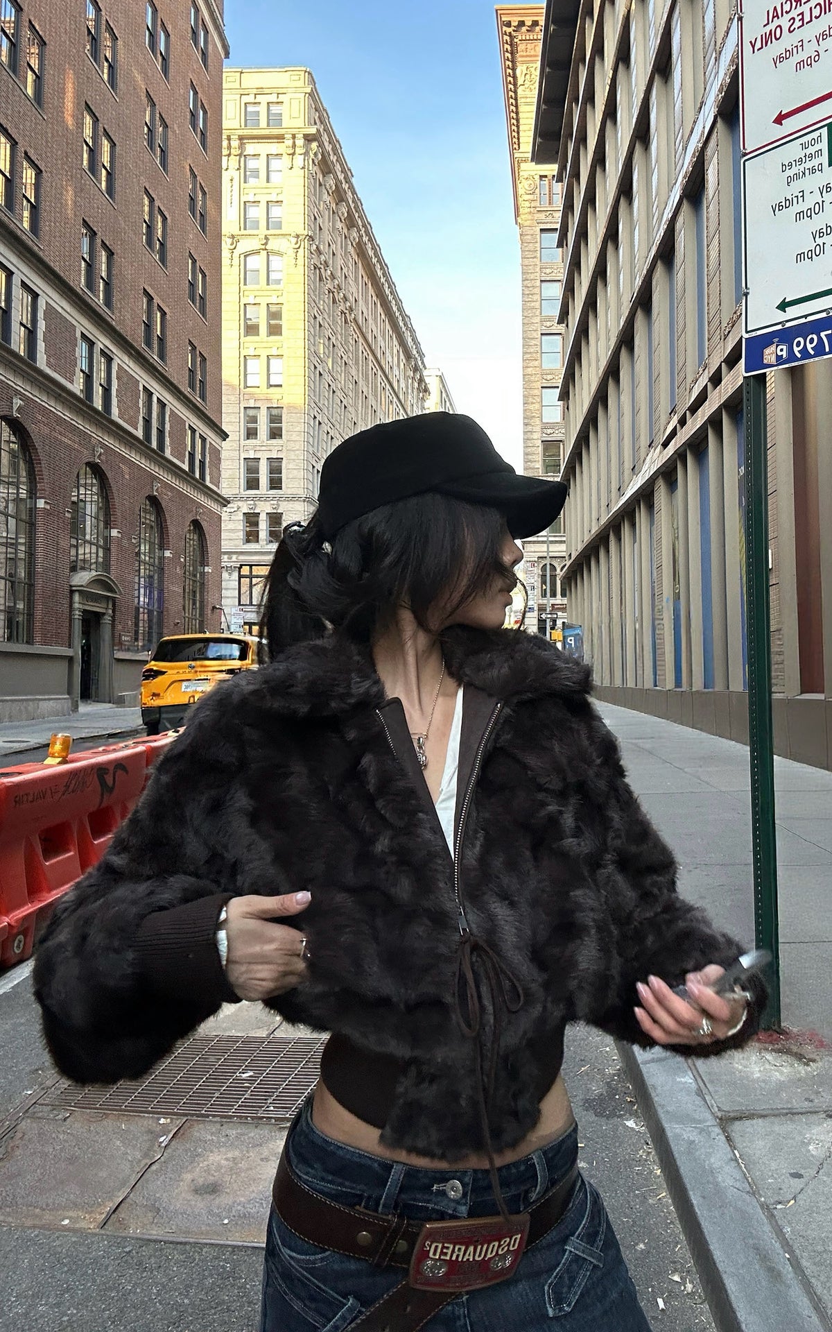 WARDEN EDGE High-Collar Cropped Faux Fur Bomber Jacket