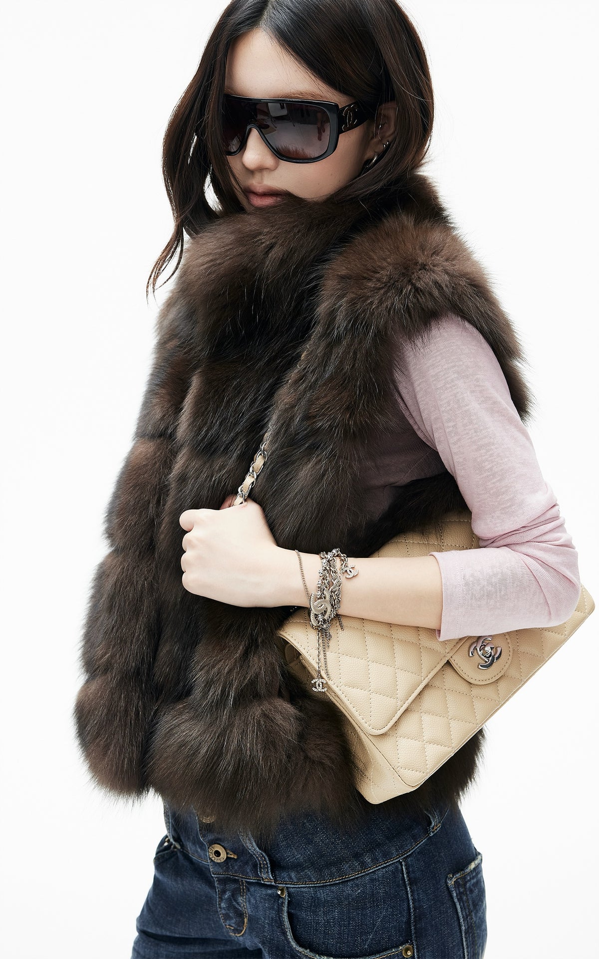 IAMXIAA Chocolate Brown Oversized Collar Fox Fur Sleeveless Vest