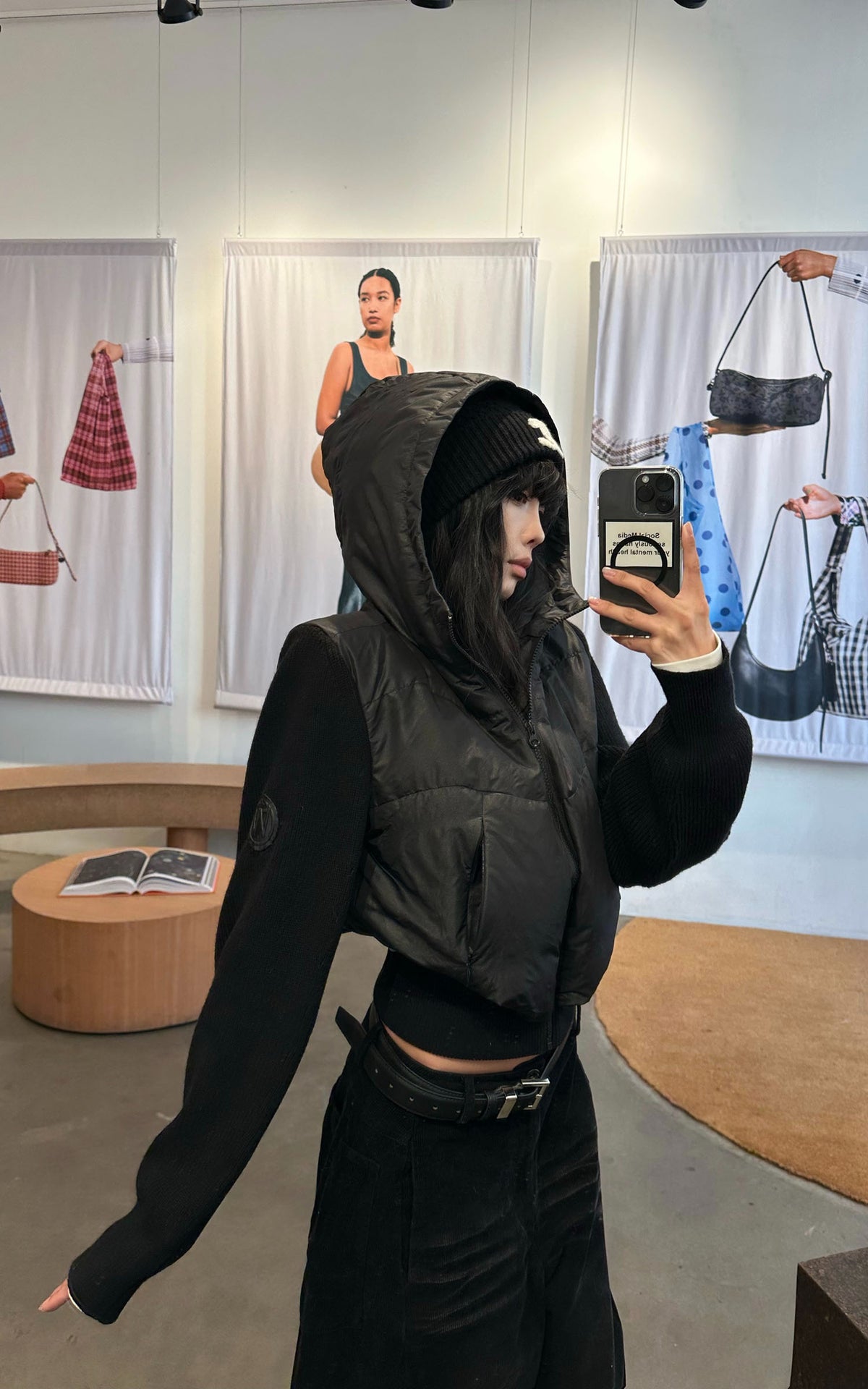 WARDEN EDGE Black Hooded Puffer Jacket with Knit Sleeves